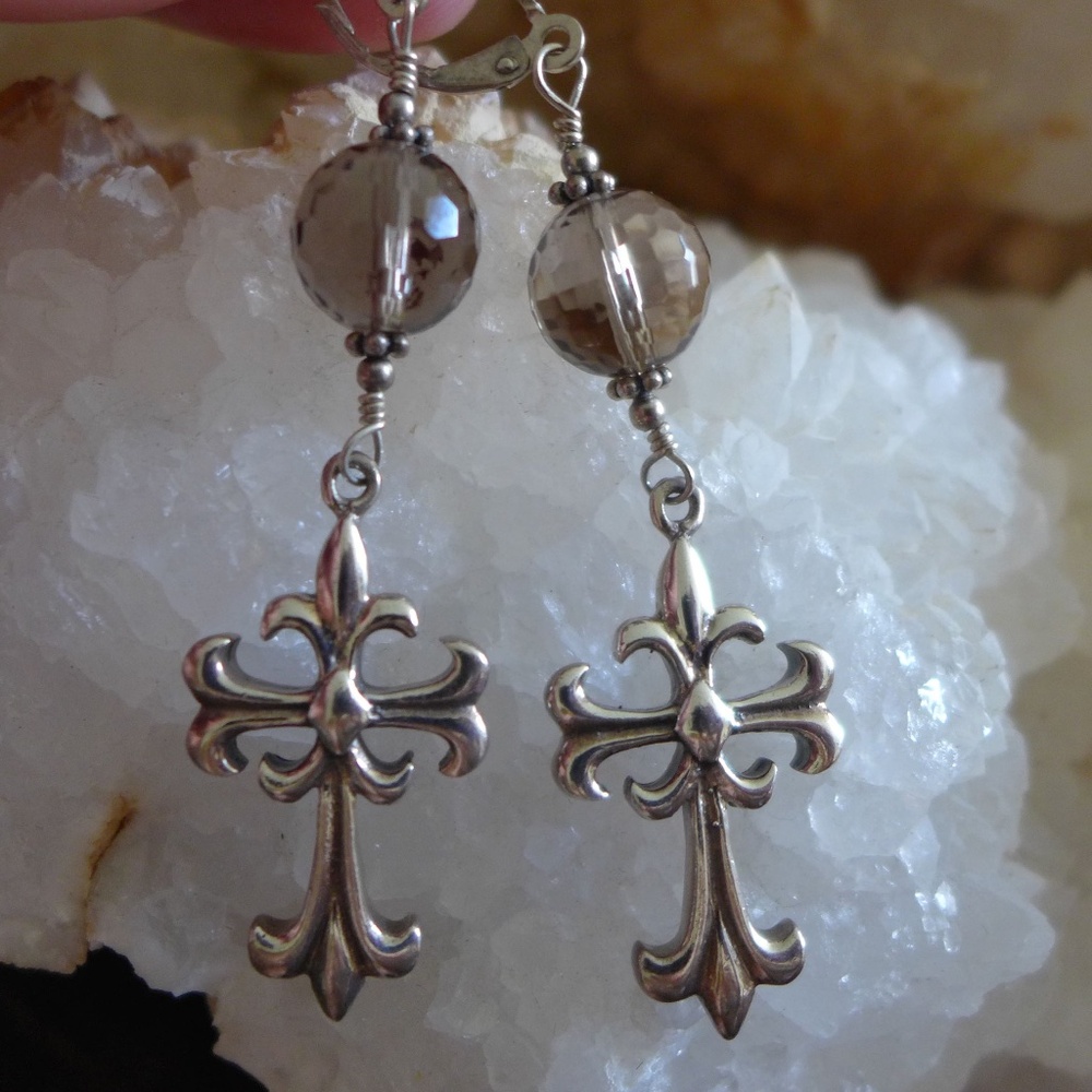 Medieval Gothic Style Sterling Silver & Smoky Quartz Cross Earrings - NWOT